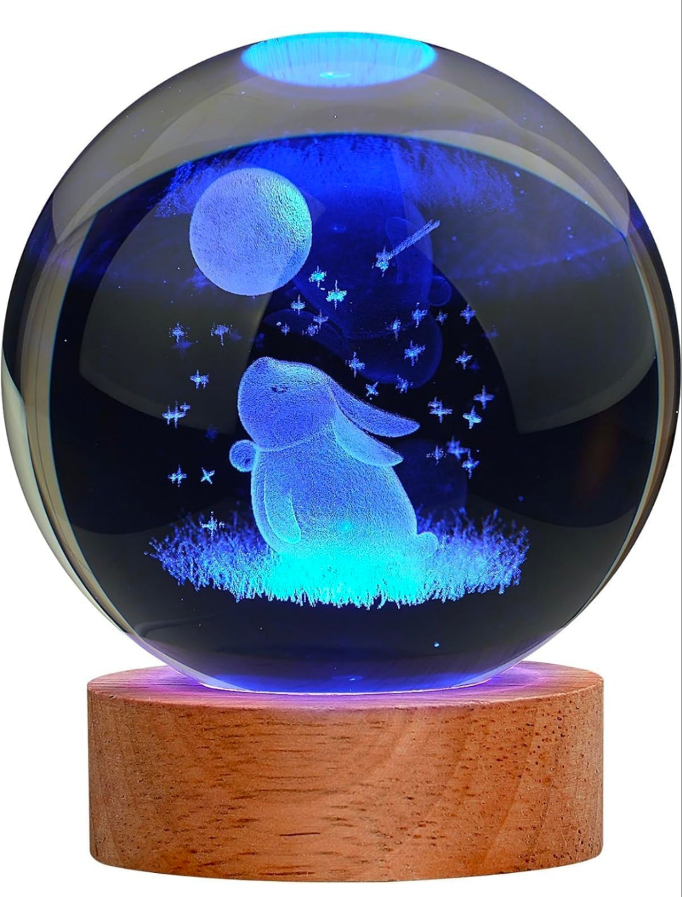 🌙🐇 GlowAura™ Bunny with Moon Crystal Lamp – 3D Laser Engraved Night Sky Design with LED Wooden Base