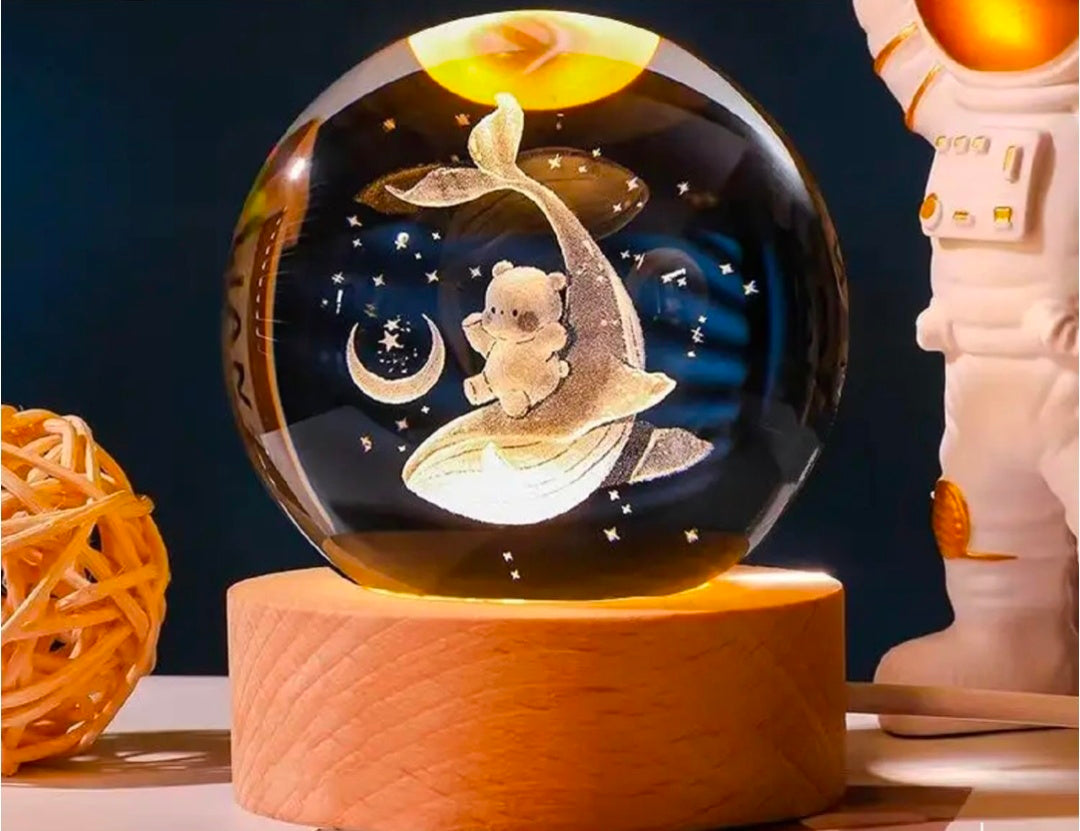 🐬🧸 GlowAura™ Dolphin with Teddy Bear Crystal Lamp – 3D Laser Engraved Ocean & Love Design with LED Wooden Base