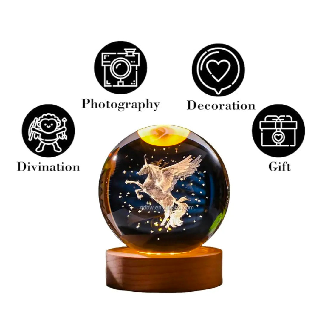✨ 3D Crystal Ball LED Night Lamp with Flying Unicorn – Luxury Home Décor & Magical Gift ✨