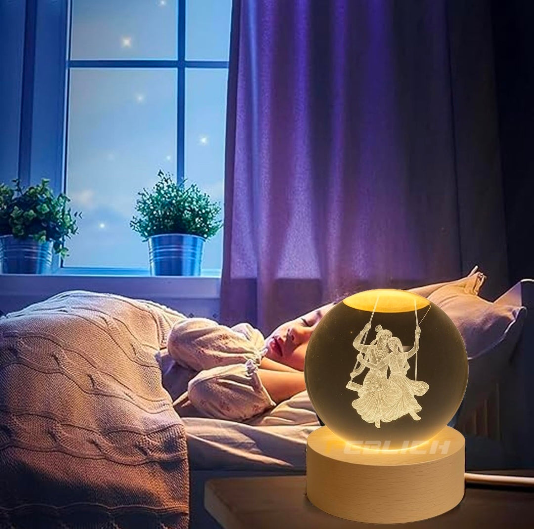 RADHA‑KRISHNA SWING – Divine Joy Crystal Globe Night Lamp | 3D Laser‑Etched Radha‑Krishna on Jhula, Warm Wood LED Base, Serene Ambient Glow | Honest Craft, Kind Service 🕉️🎶✨🔆👑❤️