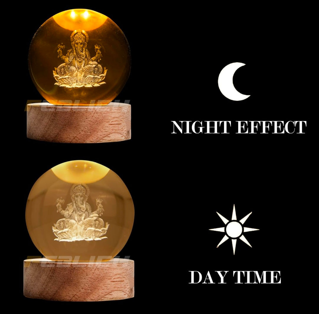LORD GANESH – Auspicious Blessings Crystal Globe Night Lamp | 3D Laser‑Etched Ganesha, Warm Wood LED Base, Calm Devotional Glow | Honest Craft, Kind Service 🕉️🐘✨🔆👑❤️
