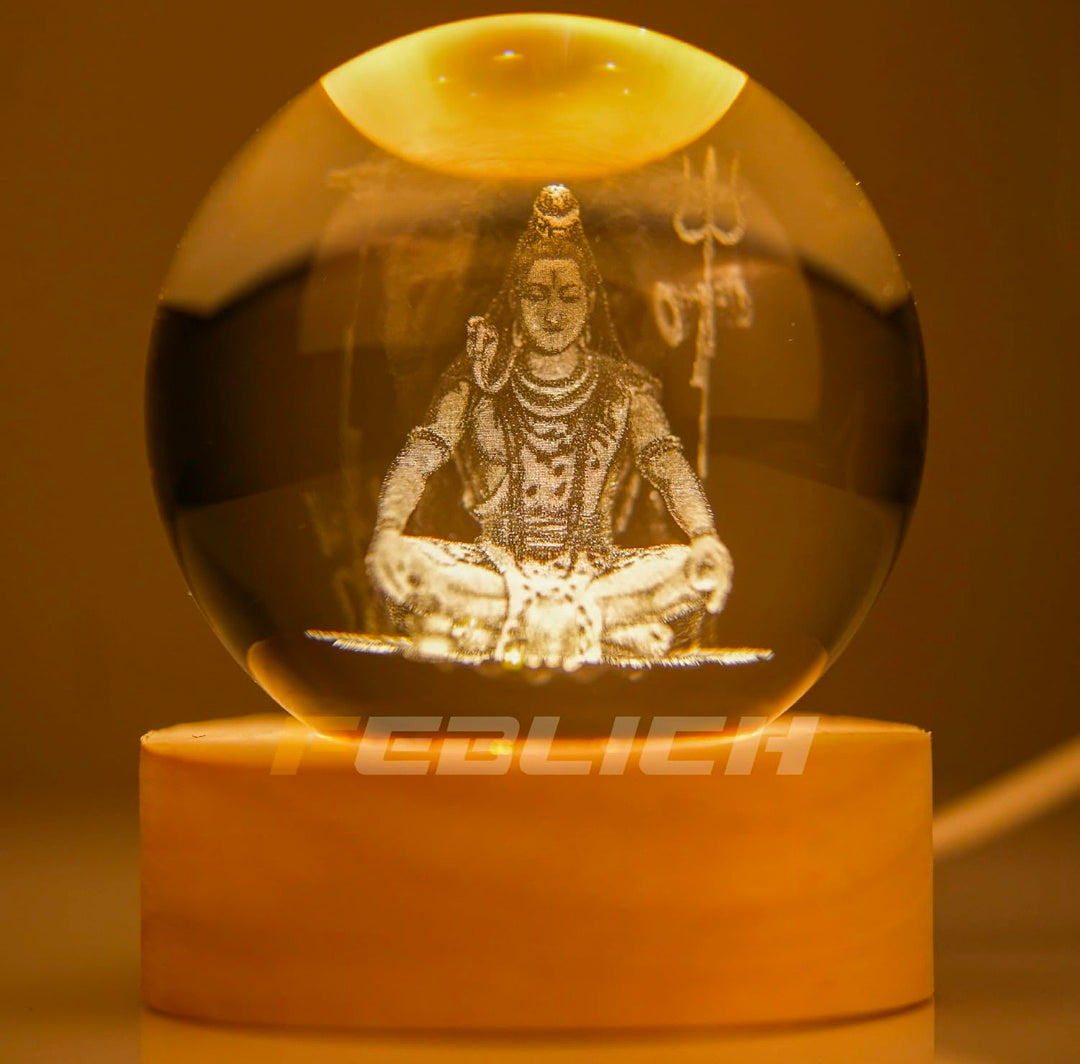 LORD SHIVA – Sacred Serenity Crystal Globe Night Lamp | 3D Laser-Etched Mahadev with Trishul, Warm Wood LED Base, Calm Meditation Light | Honest Craft, Kind Service 🔱🕉️✨🔆👑❤️