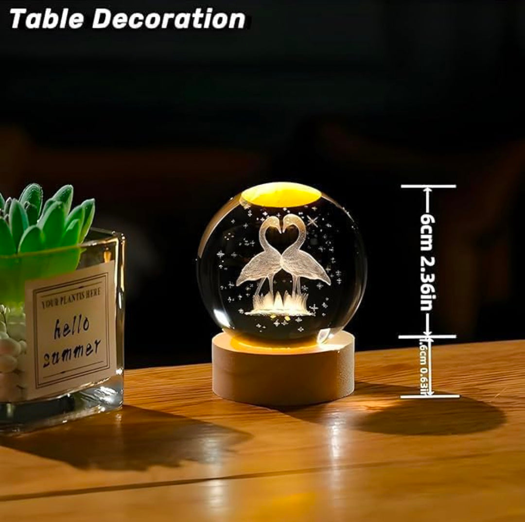 Night Lamp Flamingo – Twin Swans Crystal Globe on Warm Wood LED Base | 3D Laser‑Etched Elegance, Cozy Ambient Light for Bedroom, Desk, and Gifting ✨🦢🦢