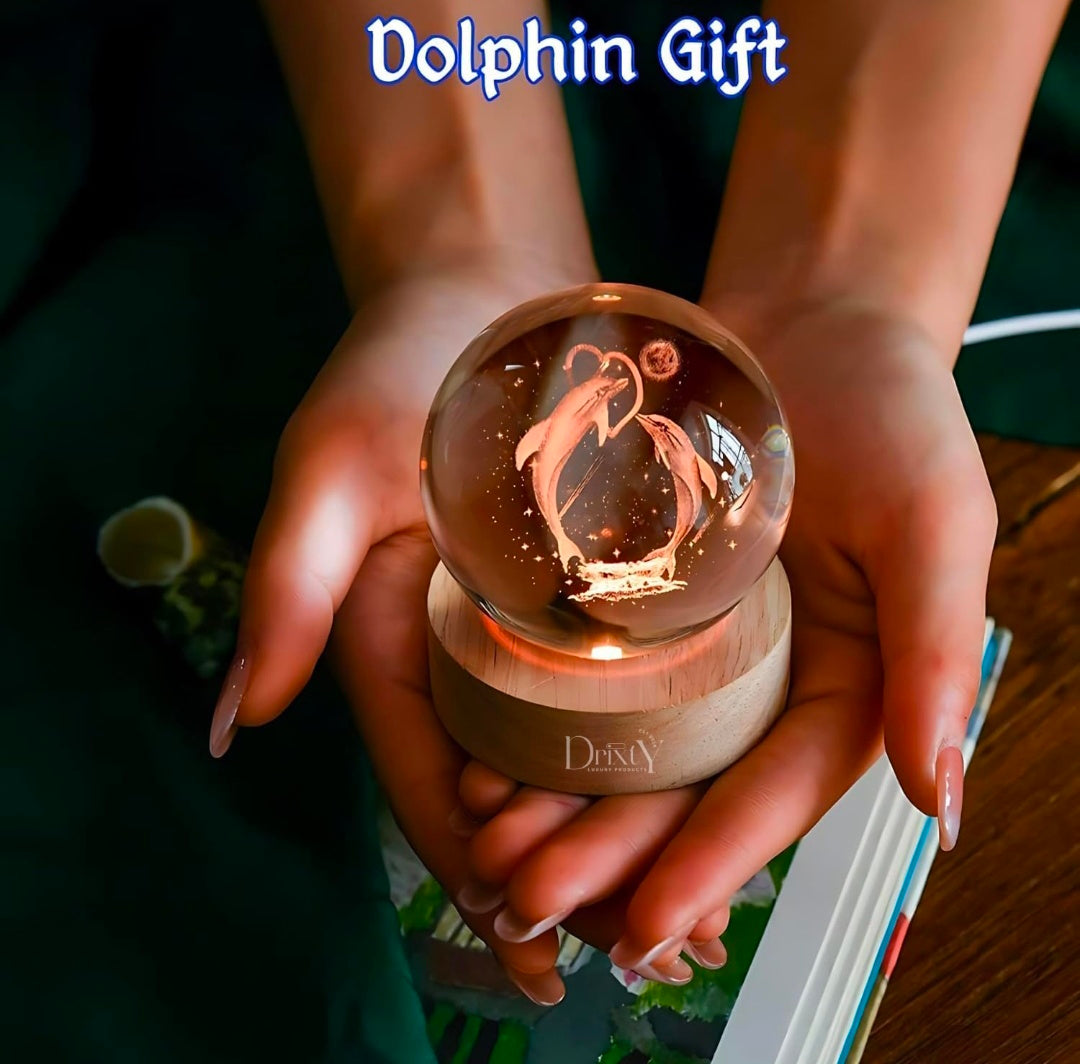 Dolphin Lamp – Ocean Heart Crystal Globe Night Light | 3D Laser‑Etched Dolphins with Floating Heart, Warm Wood LED Base, Calming Gift for Home and Desk 🌊🐬�