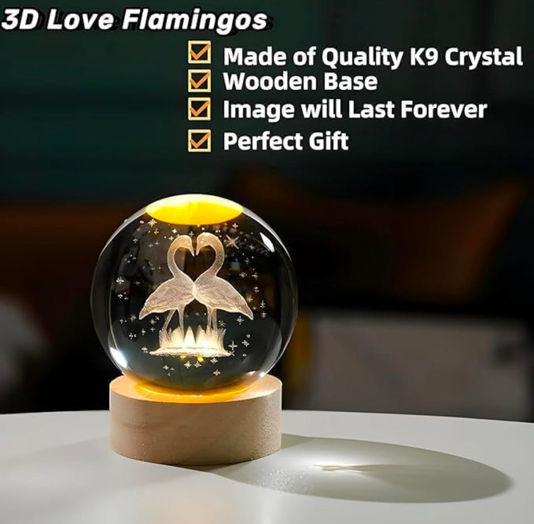 Night Lamp Flamingo – Twin Swans Crystal Globe on Warm Wood LED Base | 3D Laser‑Etched Elegance, Cozy Ambient Light for Bedroom, Desk, and Gifting ✨🦢🦢