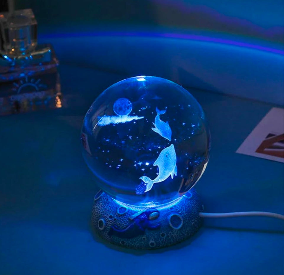 🌊 GlowAura™ 3D Crystal Dolphin Globe – LED Ocean Light Sphere with Wooden Base, Enchanted Sea Décor & Gift