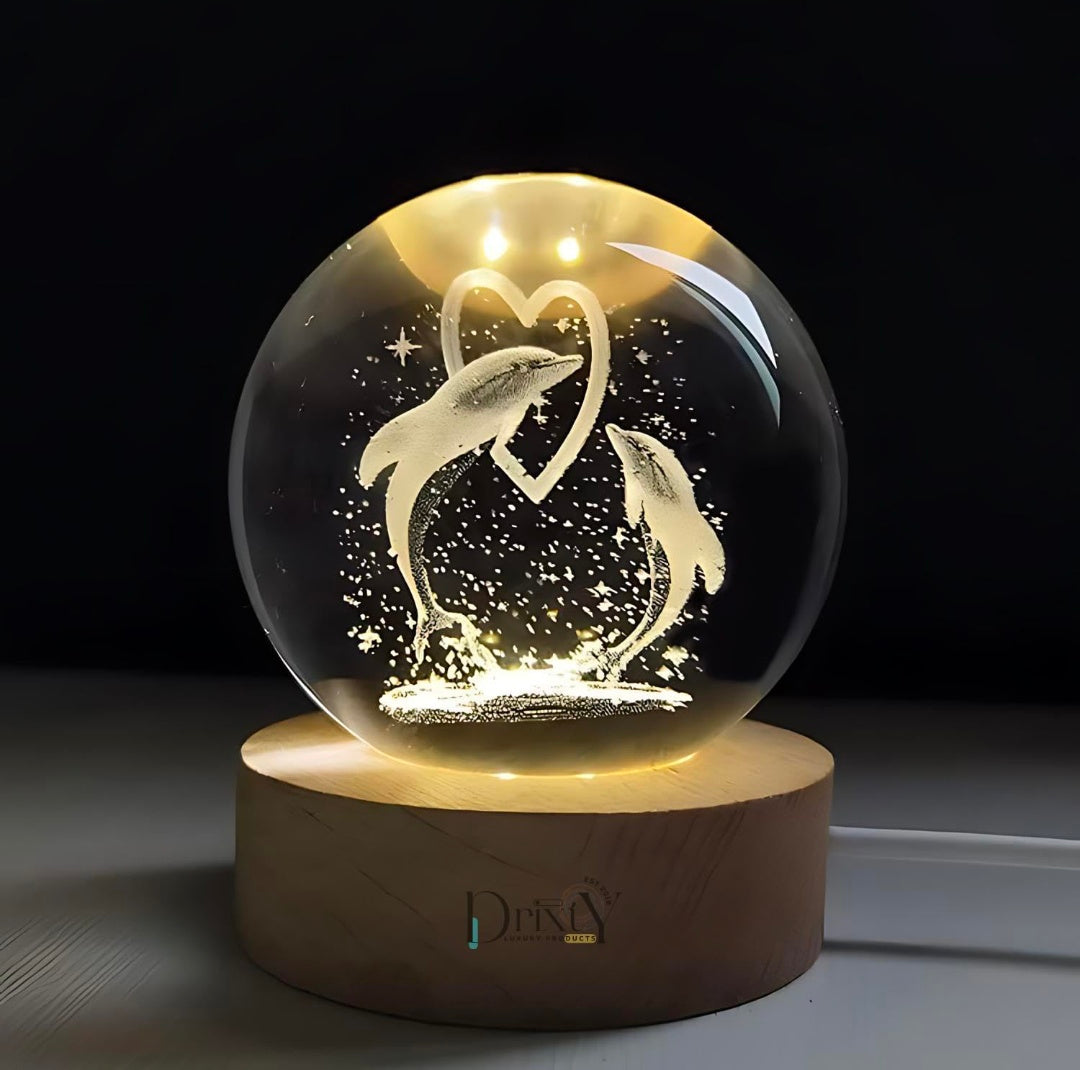 Dolphin Lamp – Ocean Heart Crystal Globe Night Light | 3D Laser‑Etched Dolphins with Floating Heart, Warm Wood LED Base, Calming Gift for Home and Desk 🌊🐬�