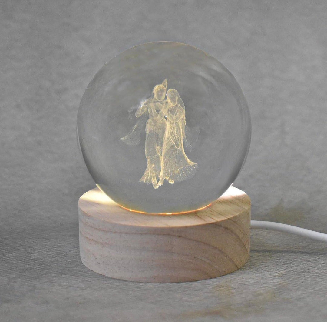 RADHA‑KRISHNA – Divine Harmony Crystal Globe Night Lamp | 3D Laser‑Etched Murli Krishna with Radha, Warm Wood LED Base, Serene Devotional Glow | Honest Craft, Kind Service 🕉️🎶✨🔆👑❤️