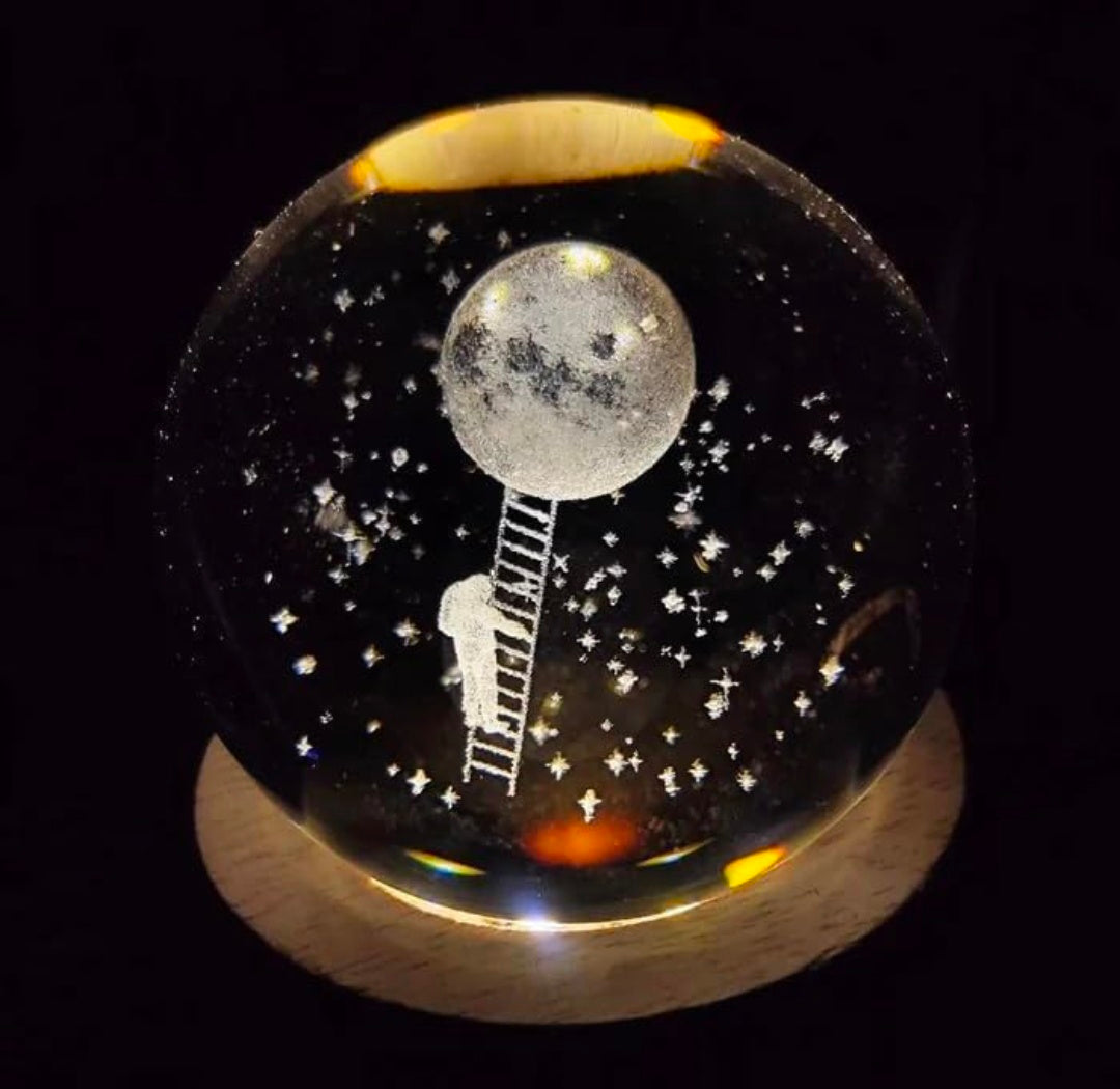 Astronaut Step Moon – Luminous Crystal Globe Night Lamp of Love, Kindness, and Honest Craftsmanship | Moonlight Ladder to Dreams | Warm Wooden Base, 3D Laser-Etched Galaxy, Calming Ambient Glow for Desk, Bedroom, and Gifting 🌙🧑🚀✨⭐️�