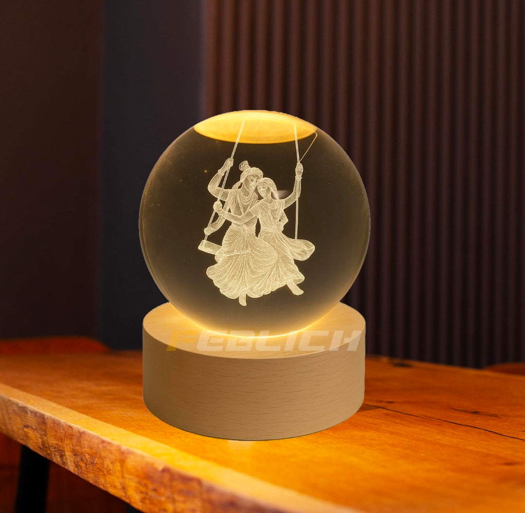 RADHA‑KRISHNA SWING – Divine Joy Crystal Globe Night Lamp | 3D Laser‑Etched Radha‑Krishna on Jhula, Warm Wood LED Base, Serene Ambient Glow | Honest Craft, Kind Service 🕉️🎶✨🔆👑❤️