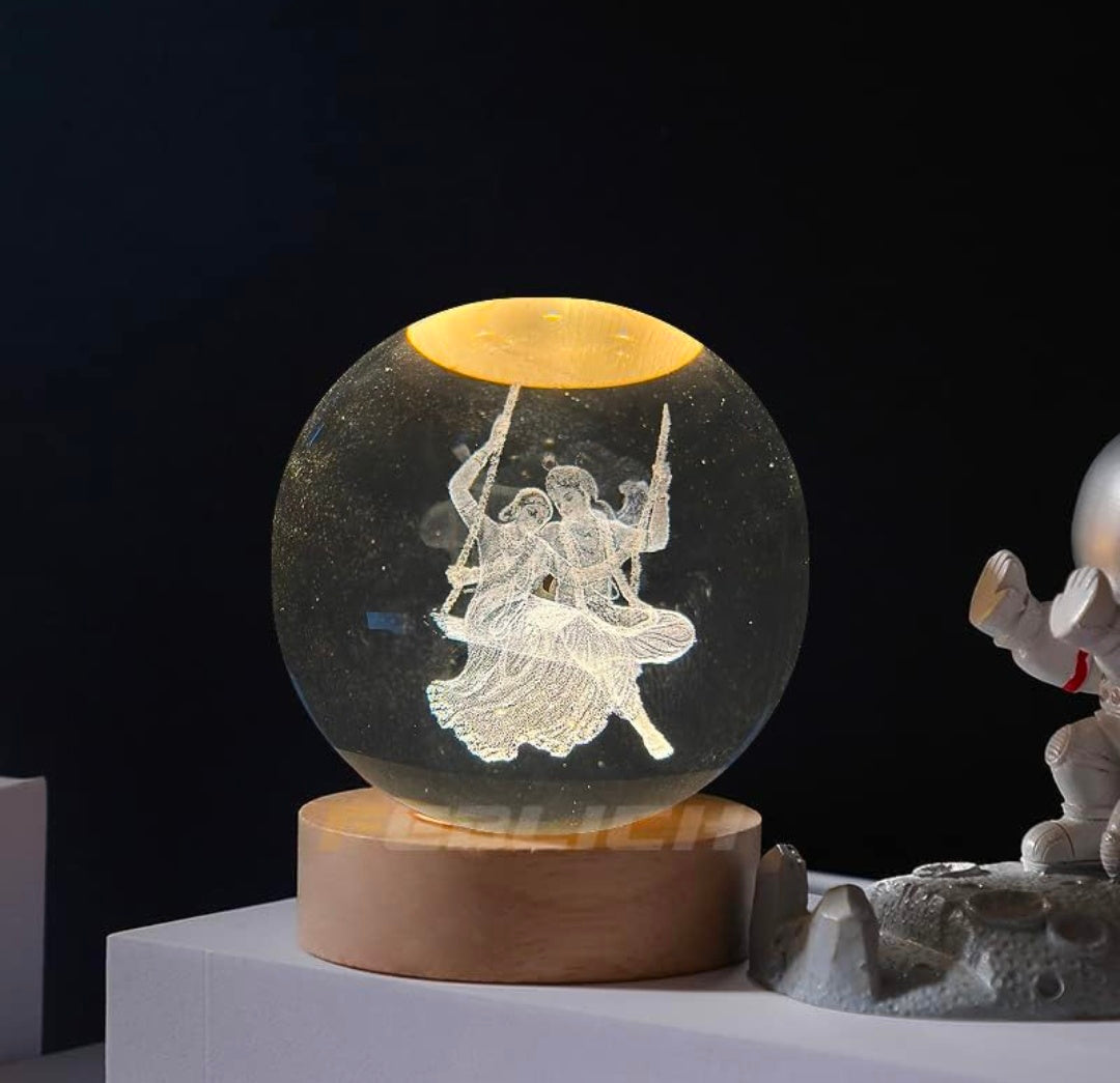 RADHA‑KRISHNA SWING – Divine Joy Crystal Globe Night Lamp | 3D Laser‑Etched Radha‑Krishna on Jhula, Warm Wood LED Base, Serene Ambient Glow | Honest Craft, Kind Service 🕉️🎶✨🔆👑❤️