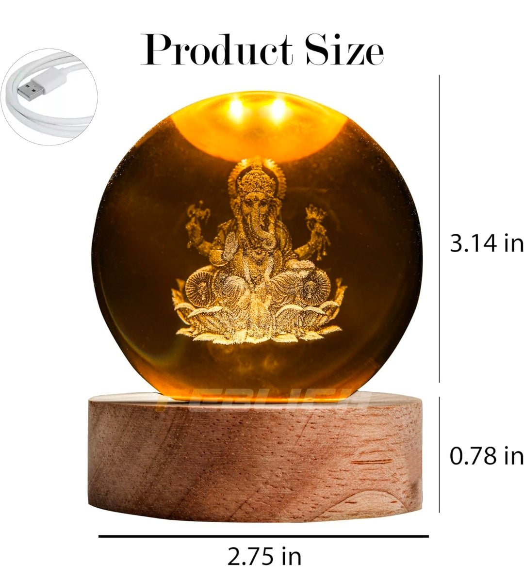 LORD GANESH – Auspicious Blessings Crystal Globe Night Lamp | 3D Laser‑Etched Ganesha, Warm Wood LED Base, Calm Devotional Glow | Honest Craft, Kind Service 🕉️🐘✨🔆👑❤️