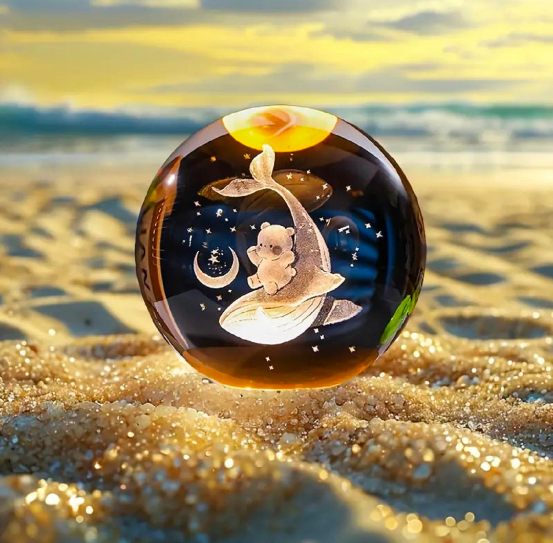 🐬🧸 GlowAura™ Dolphin with Teddy Bear Crystal Lamp – 3D Laser Engraved Ocean & Love Design with LED Wooden Base