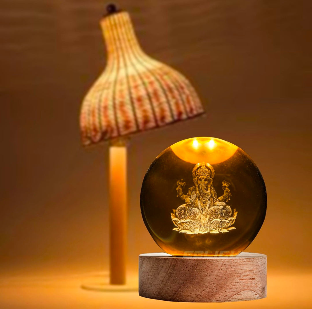 LORD GANESH – Auspicious Blessings Crystal Globe Night Lamp | 3D Laser‑Etched Ganesha, Warm Wood LED Base, Calm Devotional Glow | Honest Craft, Kind Service 🕉️🐘✨🔆👑❤️