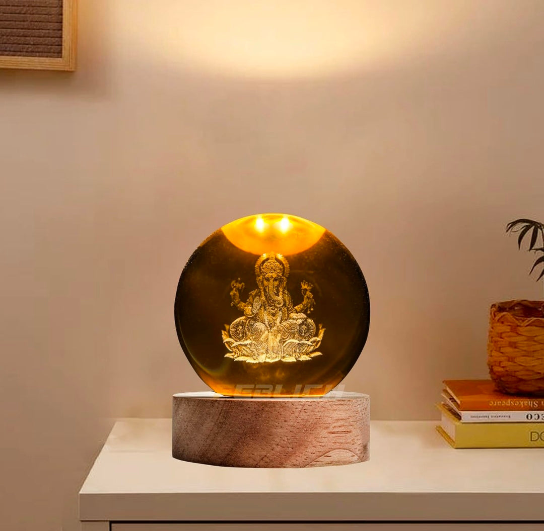 LORD GANESH – Auspicious Blessings Crystal Globe Night Lamp | 3D Laser‑Etched Ganesha, Warm Wood LED Base, Calm Devotional Glow | Honest Craft, Kind Service 🕉️🐘✨🔆👑❤️