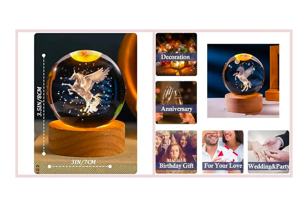 ✨ 3D Crystal Ball LED Night Lamp with Flying Unicorn – Luxury Home Décor & Magical Gift ✨