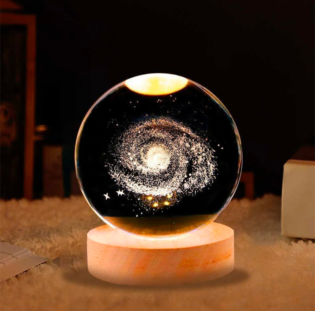 GALAXY – Infinite Wonder Crystal Globe Night Lamp | 3D Laser-Etched Spiral Galaxy, Warm Wood LED Base, Calming Ambient Light for Desk, Bedroom, Studio | Honest Craft, Kind Service 🌌✨🌟�