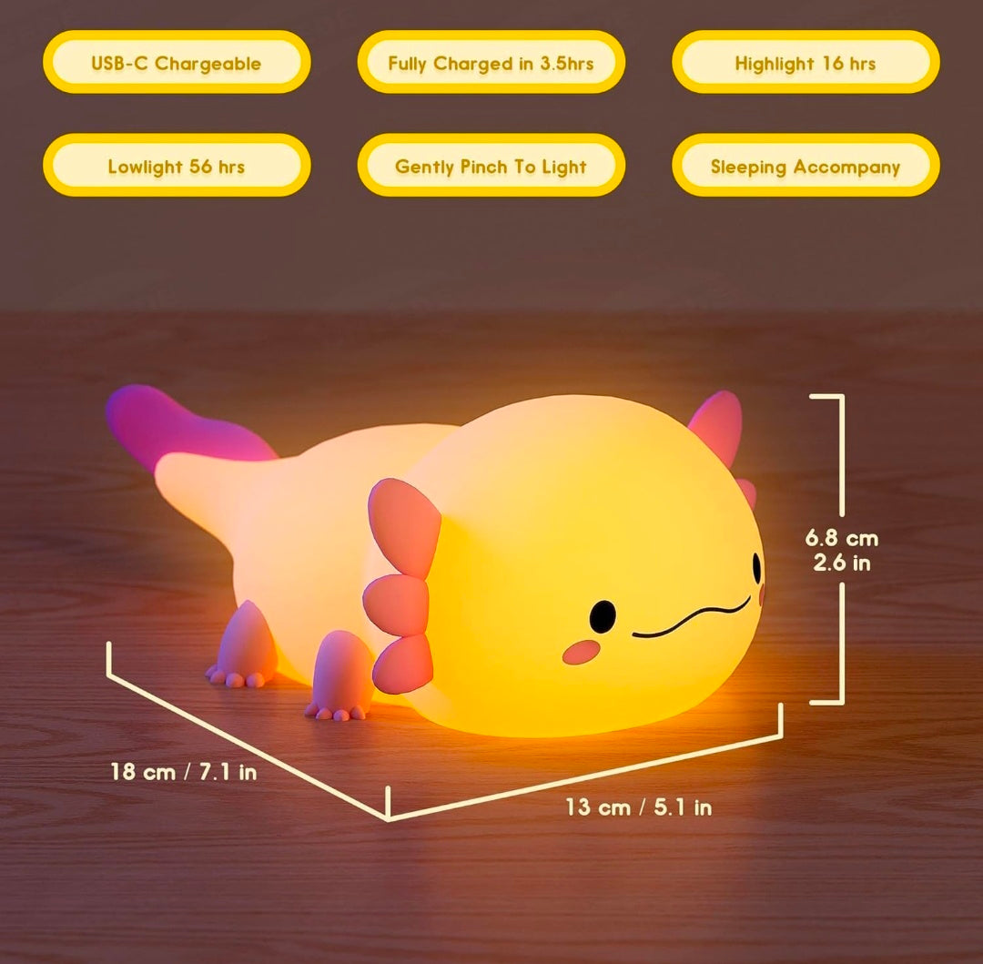 🐟🌙✨💡 Silicon Axolotl Fish Night Light ❤️ | Cute Squishy Silicone Axolotl Lamp 🧸 | Soft LED Bedside Light 🌟 | Tap & Touch Control 🖐️ | USB Rechargeable 🔋 | Adorable Kids’ Bedroom Decor 🛏️ | Birthday 🎂, Christmas 🎄 & Valentine’s Day 💕