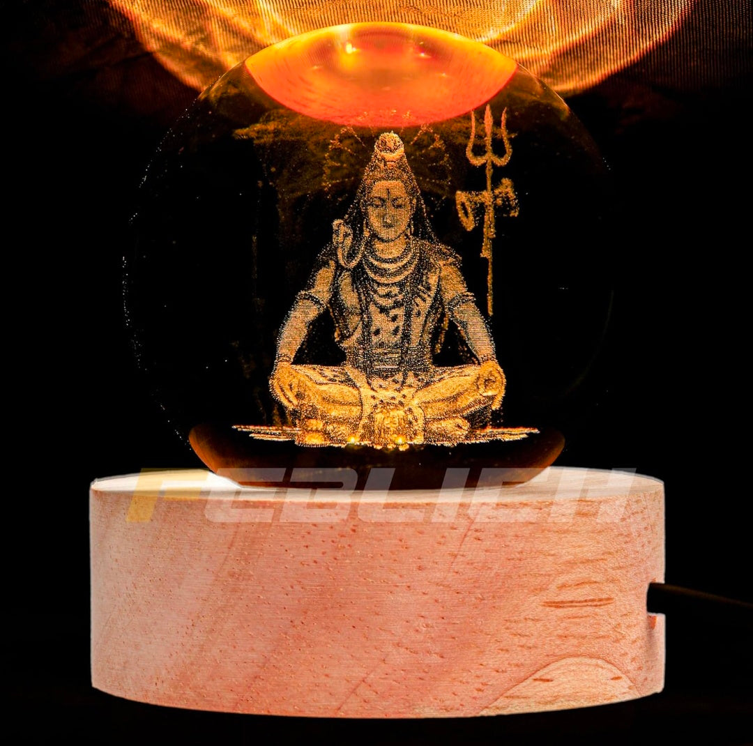 LORD SHIVA – Sacred Serenity Crystal Globe Night Lamp | 3D Laser-Etched Mahadev with Trishul, Warm Wood LED Base, Calm Meditation Light | Honest Craft, Kind Service 🔱🕉️✨🔆👑❤️