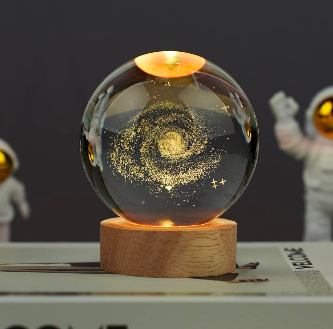 GALAXY – Infinite Wonder Crystal Globe Night Lamp | 3D Laser-Etched Spiral Galaxy, Warm Wood LED Base, Calming Ambient Light for Desk, Bedroom, Studio | Honest Craft, Kind Service 🌌✨🌟�