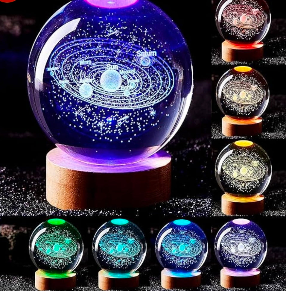 🌠 GlowAura™ 16-Colour Galaxy Crystal Ball Lamp – 3D Laser Engraved Solar System Globe with Multi-Color LED Wooden Base, Futuristic Night Light & Luxury Cosmic Gift