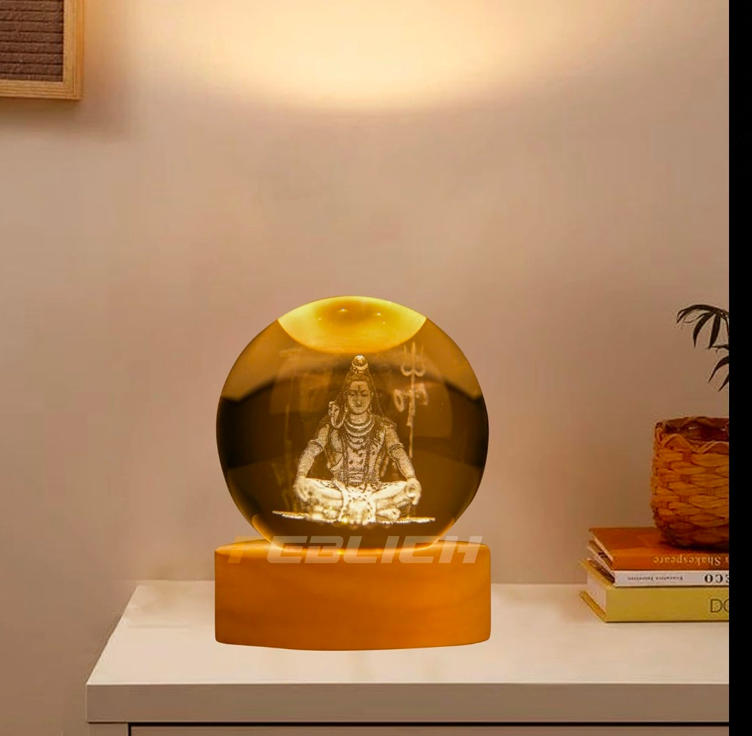 LORD SHIVA – Sacred Serenity Crystal Globe Night Lamp | 3D Laser-Etched Mahadev with Trishul, Warm Wood LED Base, Calm Meditation Light | Honest Craft, Kind Service 🔱🕉️✨🔆👑❤️