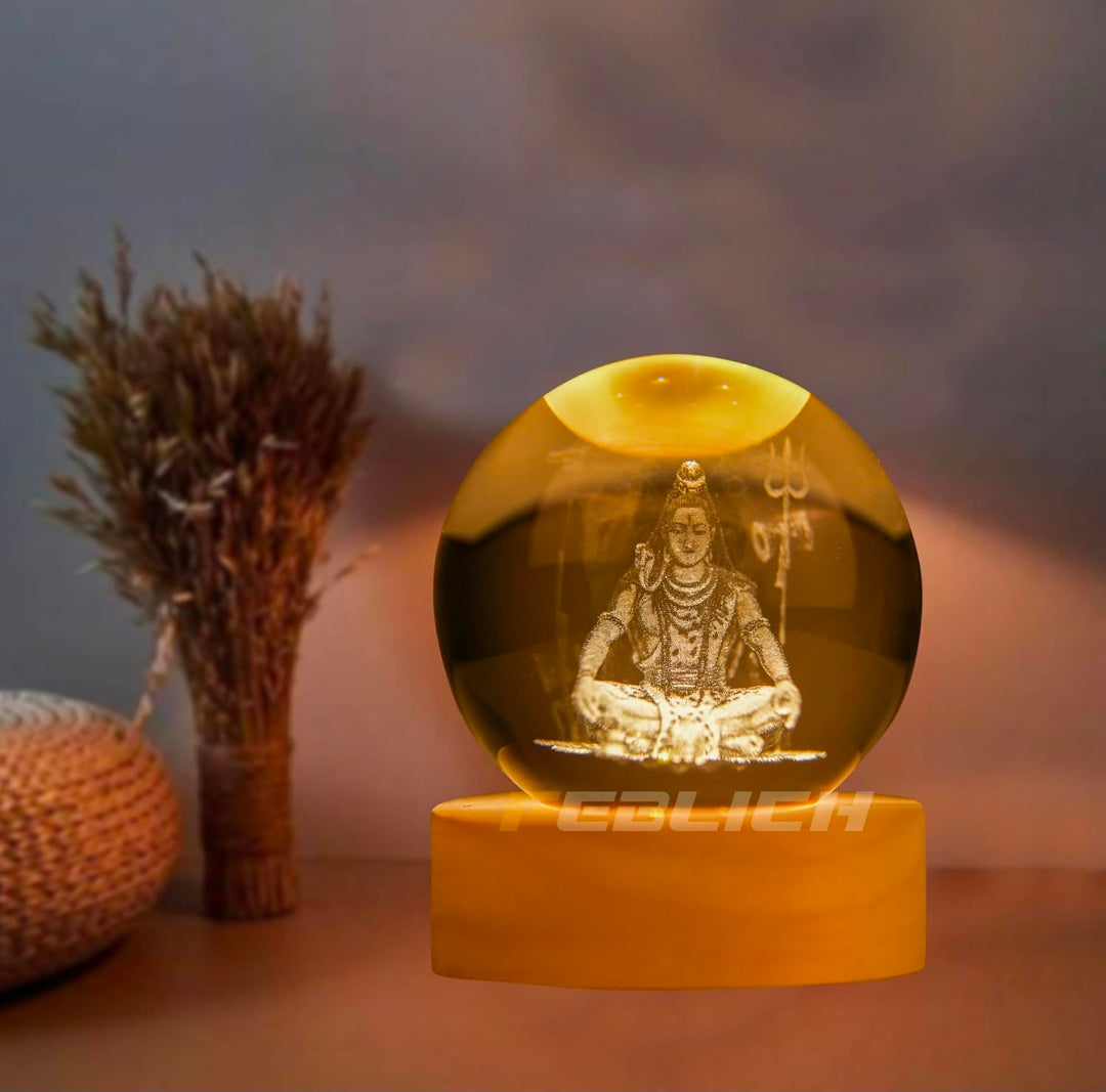 LORD SHIVA – Sacred Serenity Crystal Globe Night Lamp | 3D Laser-Etched Mahadev with Trishul, Warm Wood LED Base, Calm Meditation Light | Honest Craft, Kind Service 🔱🕉️✨🔆👑❤️