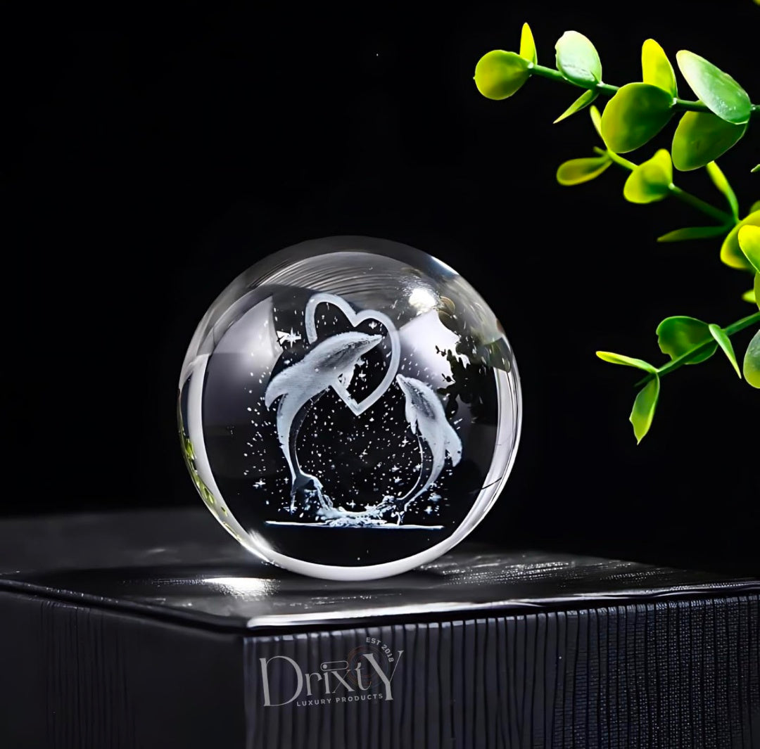 Dolphin Lamp – Ocean Heart Crystal Globe Night Light | 3D Laser‑Etched Dolphins with Floating Heart, Warm Wood LED Base, Calming Gift for Home and Desk 🌊🐬�