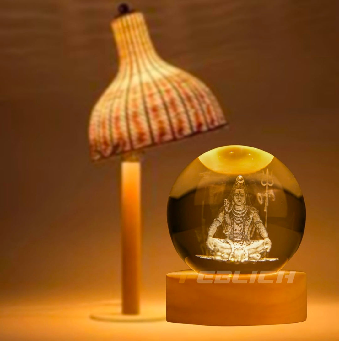 LORD SHIVA – Sacred Serenity Crystal Globe Night Lamp | 3D Laser-Etched Mahadev with Trishul, Warm Wood LED Base, Calm Meditation Light | Honest Craft, Kind Service 🔱🕉️✨🔆👑❤️