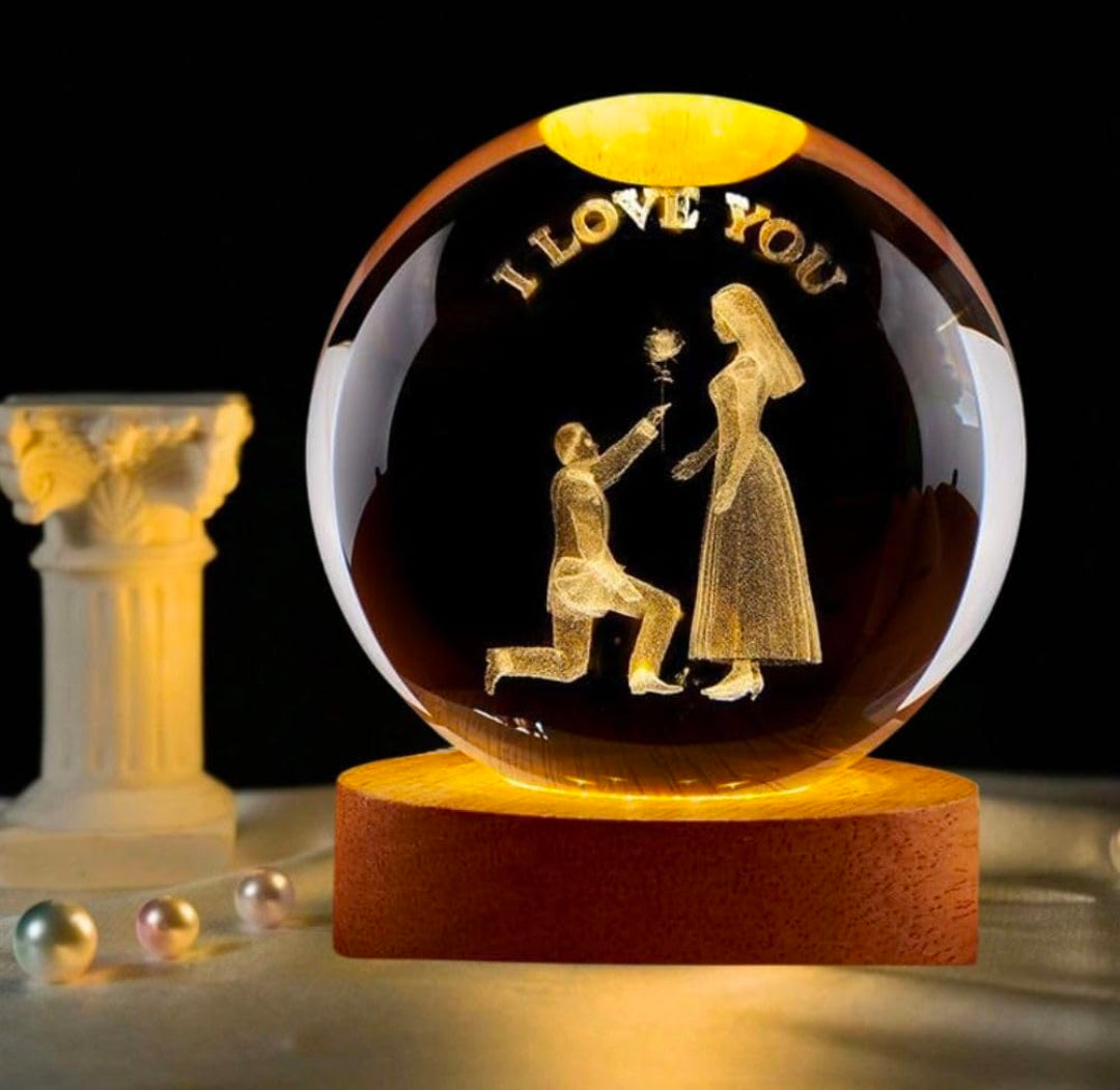 LOVE YOU LAMP – Golden Promise Crystal Globe Night Light | 3D Laser‑Etched “I LOVE YOU” Proposal Scene, Warm Wood LED Base, Heartfelt Gift for Anniversaries, Birthdays, and Everyday Appreciation 🌙💛✨🌹👑❤️