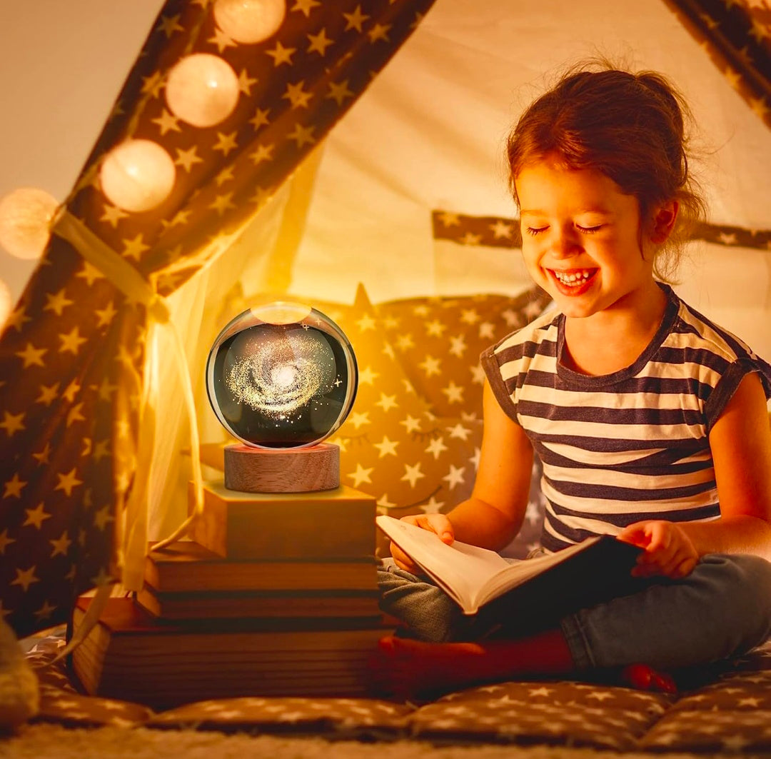GALAXY – Infinite Wonder Crystal Globe Night Lamp | 3D Laser-Etched Spiral Galaxy, Warm Wood LED Base, Calming Ambient Light for Desk, Bedroom, Studio | Honest Craft, Kind Service 🌌✨🌟�