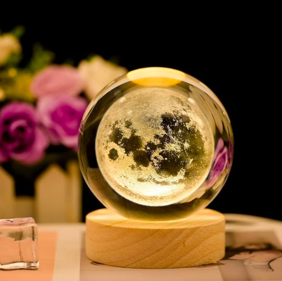 🌙 GlowAura™ Moon Crystal Lamp – 3D Laser Engraved Full Moon Globe with LED Wooden Base, Celestial Night Light & Unique Gift