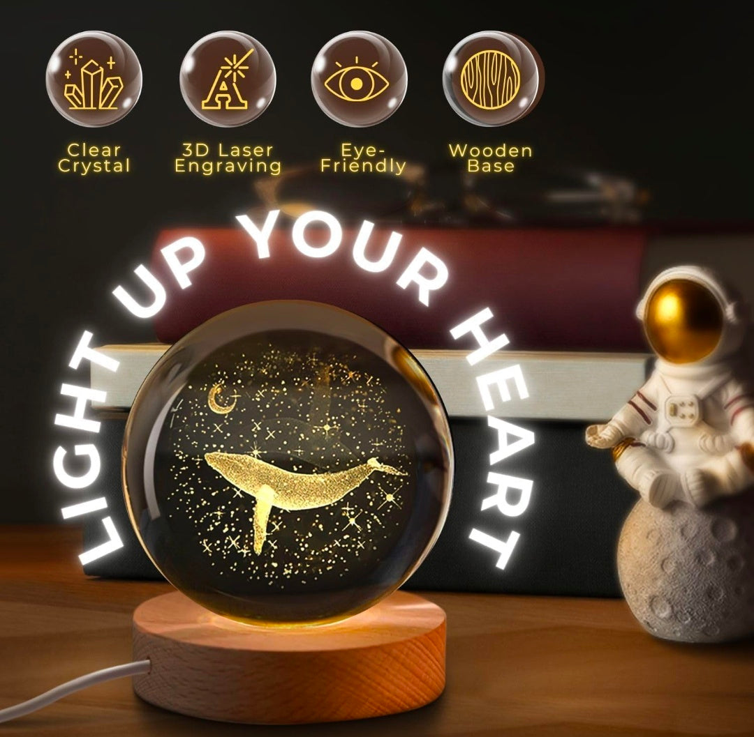 Whale Lamp – Golden Dream Crystal Globe with Warm Wood LED Base | Ocean of Calm, Honest Craft, Gentle Night Light 🌊🐋✨🌙🔆
