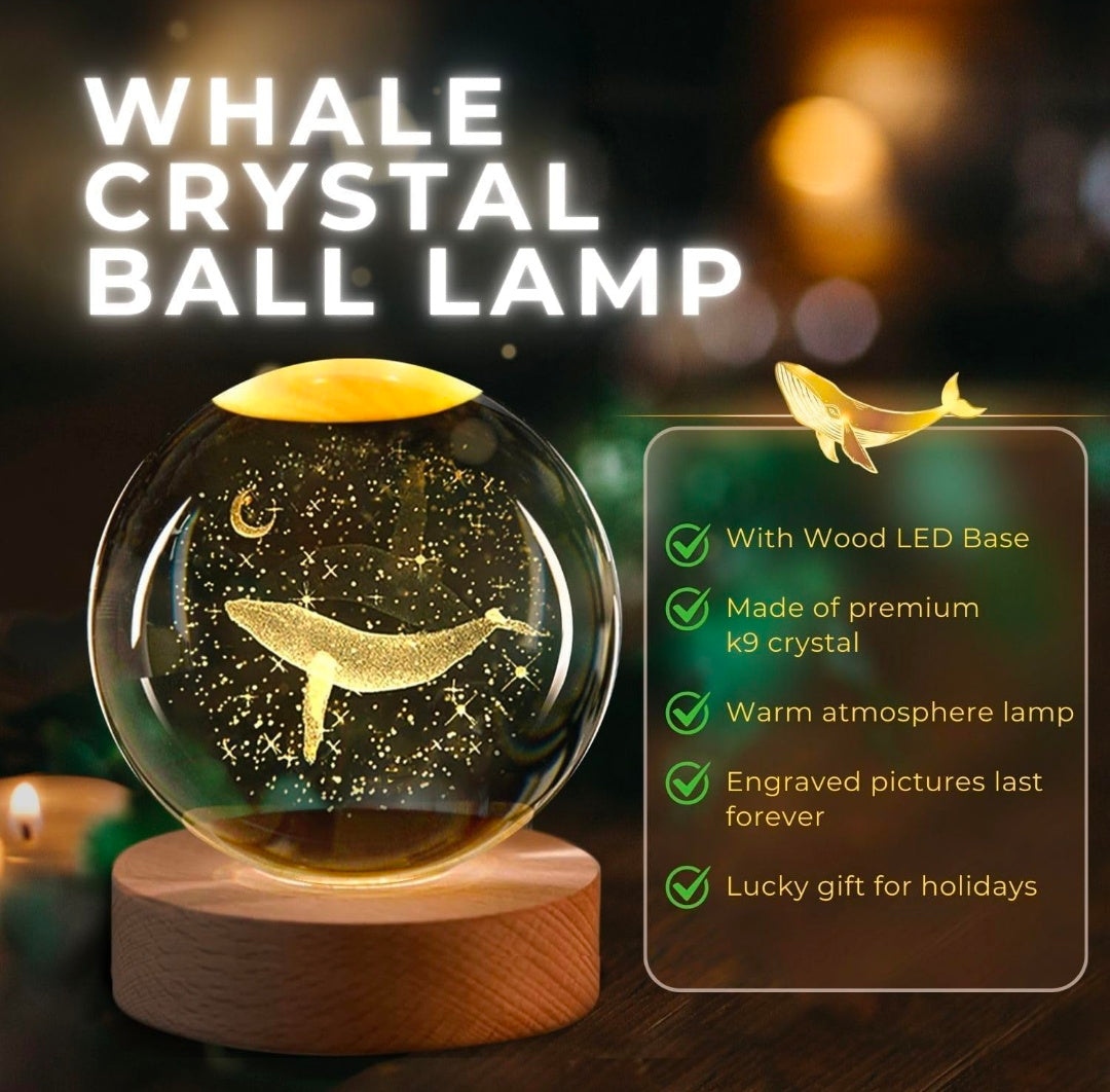Whale Lamp – Golden Dream Crystal Globe with Warm Wood LED Base | Ocean of Calm, Honest Craft, Gentle Night Light 🌊🐋✨🌙🔆