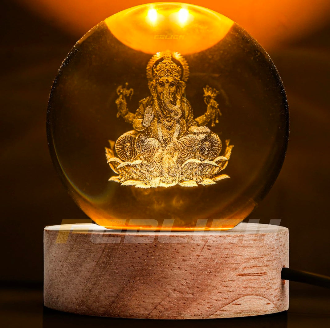 LORD GANESH – Auspicious Blessings Crystal Globe Night Lamp | 3D Laser‑Etched Ganesha, Warm Wood LED Base, Calm Devotional Glow | Honest Craft, Kind Service 🕉️🐘✨🔆👑❤️