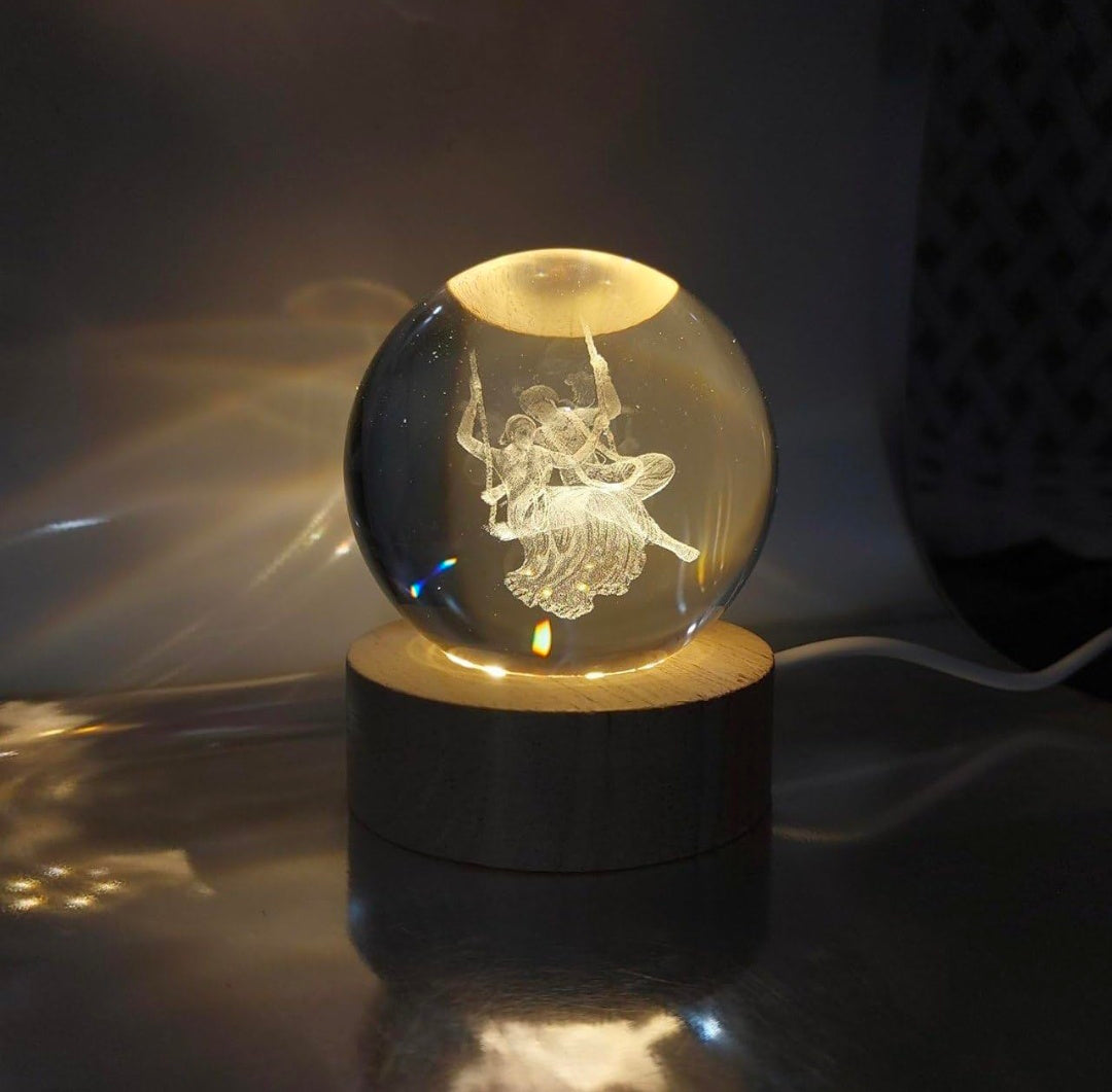 RADHA‑KRISHNA SWING – Divine Joy Crystal Globe Night Lamp | 3D Laser‑Etched Radha‑Krishna on Jhula, Warm Wood LED Base, Serene Ambient Glow | Honest Craft, Kind Service 🕉️🎶✨🔆👑❤️