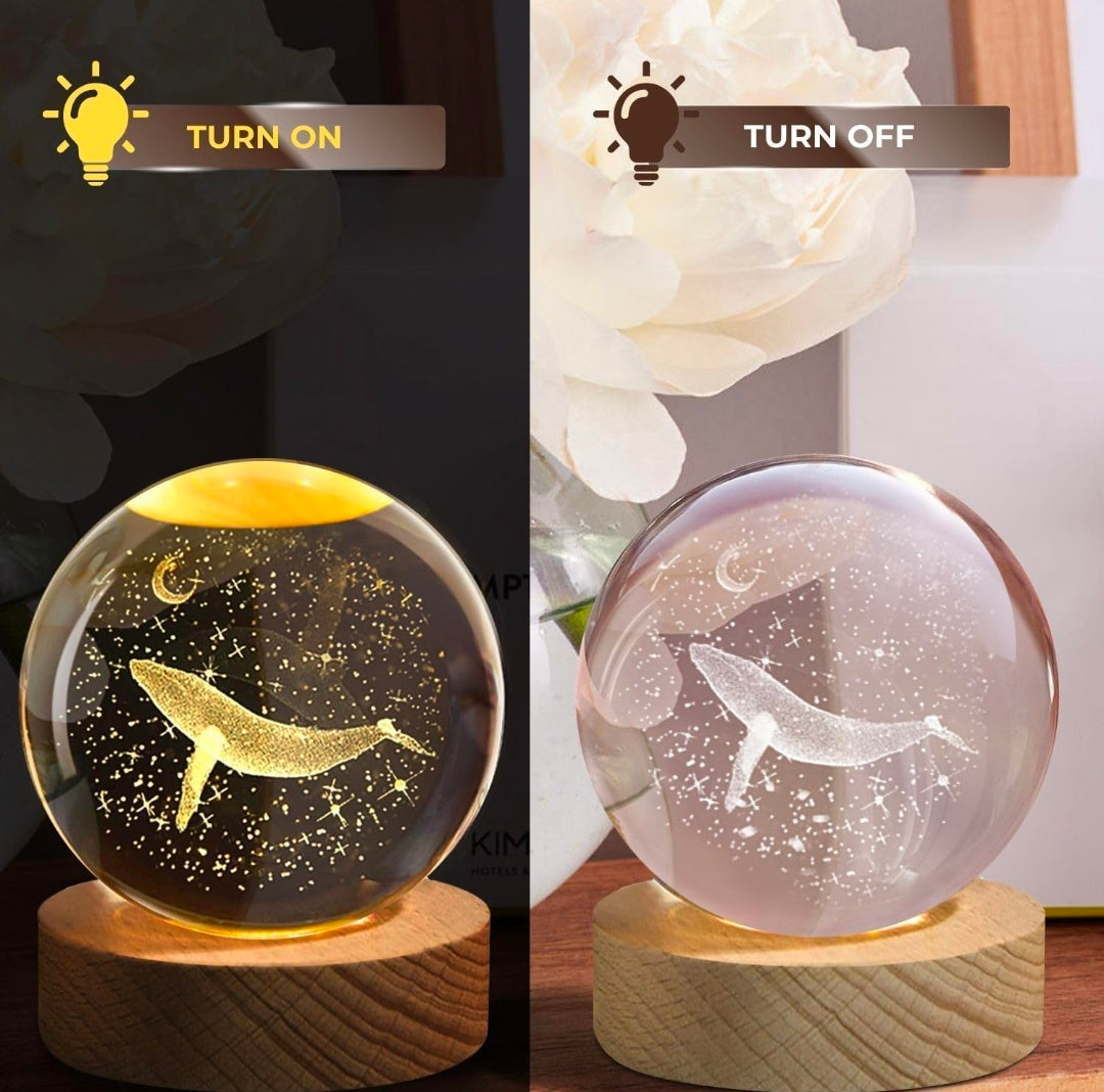 Whale Lamp – Golden Dream Crystal Globe with Warm Wood LED Base | Ocean of Calm, Honest Craft, Gentle Night Light 🌊🐋✨🌙🔆