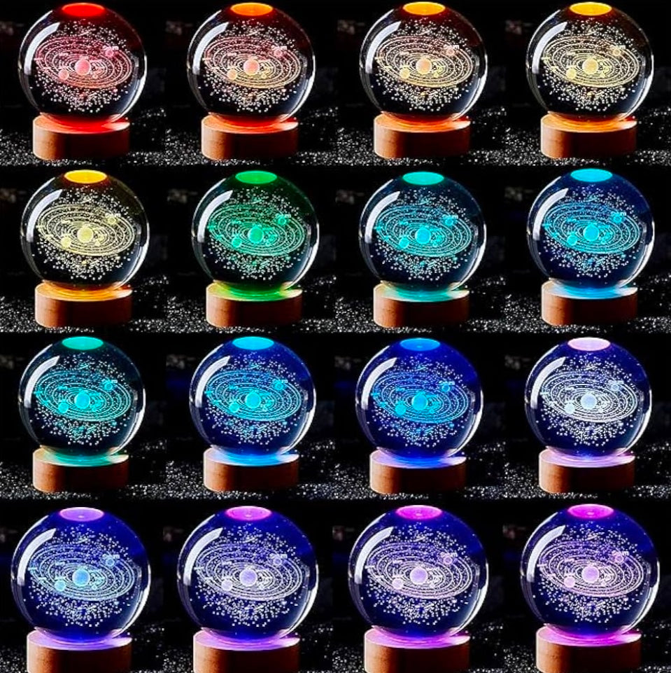 🌠 GlowAura™ 16-Colour Galaxy Crystal Ball Lamp – 3D Laser Engraved Solar System Globe with Multi-Color LED Wooden Base, Futuristic Night Light & Luxury Cosmic Gift