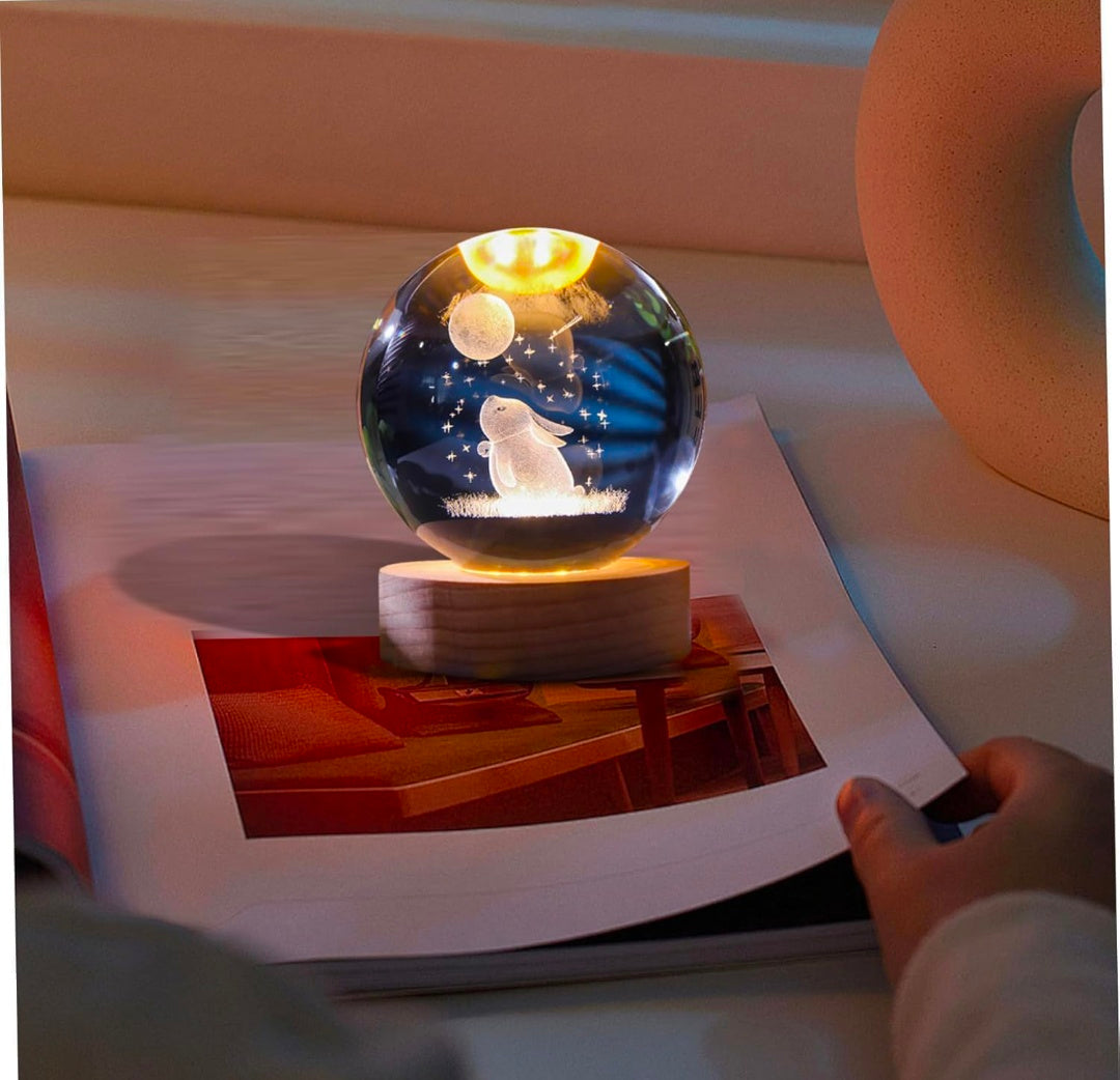🌙🐇 GlowAura™ Bunny with Moon Crystal Lamp – 3D Laser Engraved Night Sky Design with LED Wooden Base