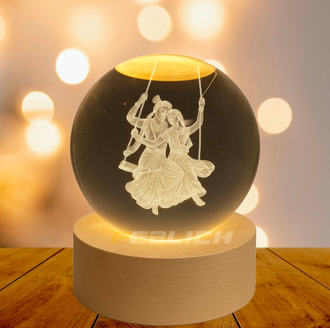 RADHA‑KRISHNA SWING – Divine Joy Crystal Globe Night Lamp | 3D Laser‑Etched Radha‑Krishna on Jhula, Warm Wood LED Base, Serene Ambient Glow | Honest Craft, Kind Service 🕉️🎶✨🔆👑❤️