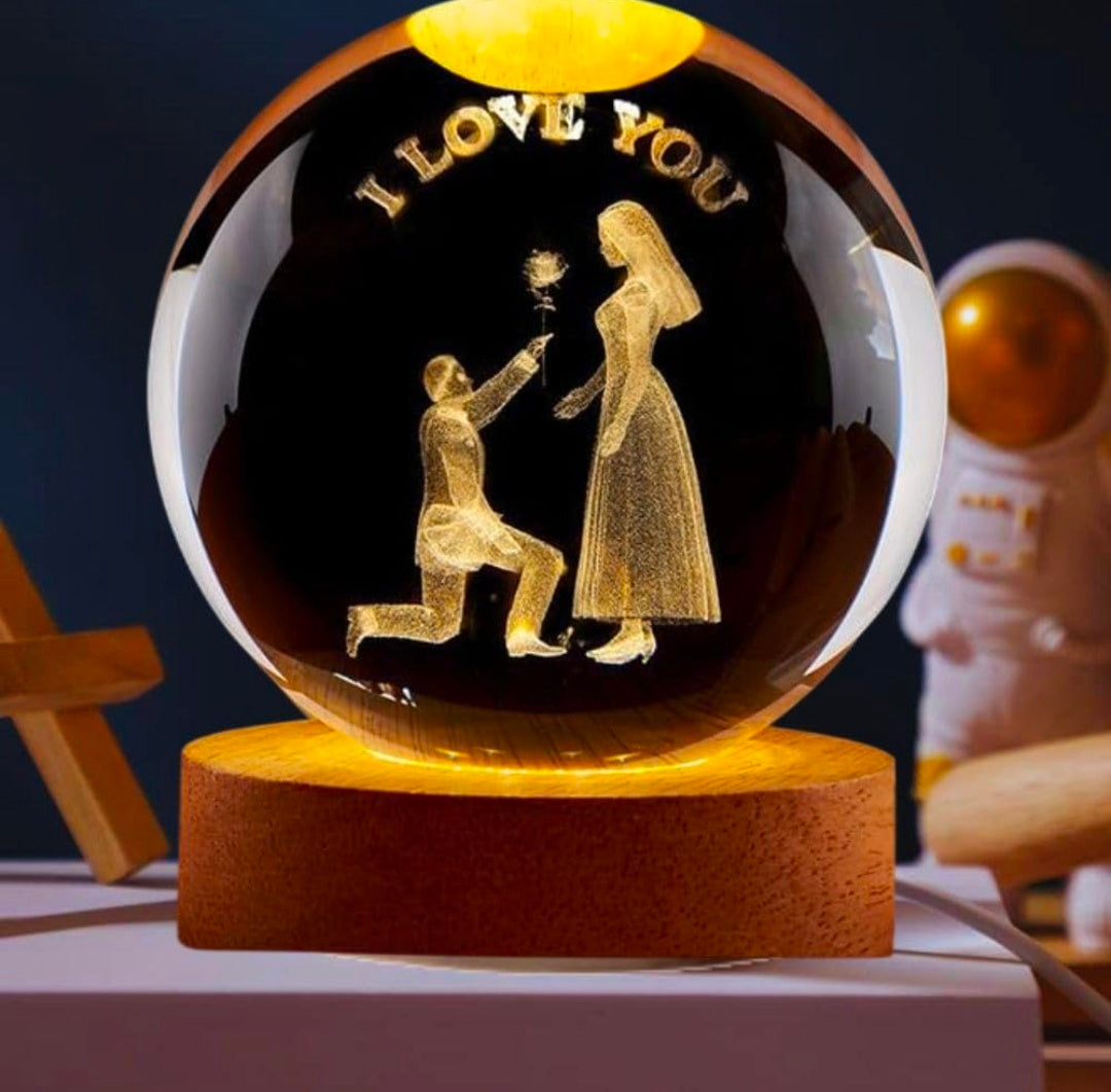 LOVE YOU LAMP – Golden Promise Crystal Globe Night Light | 3D Laser‑Etched “I LOVE YOU” Proposal Scene, Warm Wood LED Base, Heartfelt Gift for Anniversaries, Birthdays, and Everyday Appreciation 🌙💛✨🌹👑❤️
