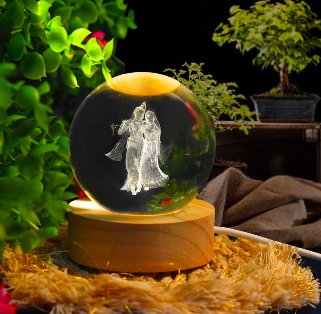 RADHA‑KRISHNA – Divine Harmony Crystal Globe Night Lamp | 3D Laser‑Etched Murli Krishna with Radha, Warm Wood LED Base, Serene Devotional Glow | Honest Craft, Kind Service 🕉️🎶✨🔆👑❤️