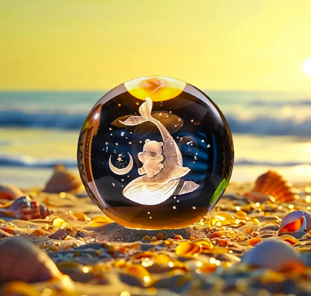 🐬🧸 GlowAura™ Dolphin with Teddy Bear Crystal Lamp – 3D Laser Engraved Ocean & Love Design with LED Wooden Base