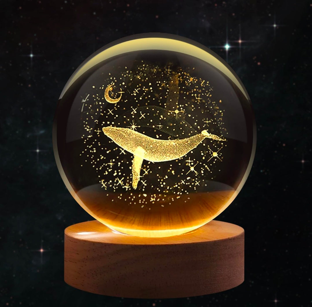 Whale Lamp – Golden Dream Crystal Globe with Warm Wood LED Base | Ocean of Calm, Honest Craft, Gentle Night Light 🌊🐋✨🌙🔆