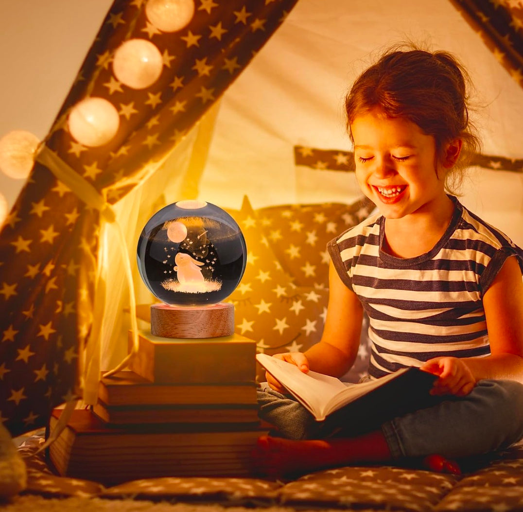 🌙🐇 GlowAura™ Bunny with Moon Crystal Lamp – 3D Laser Engraved Night Sky Design with LED Wooden Base