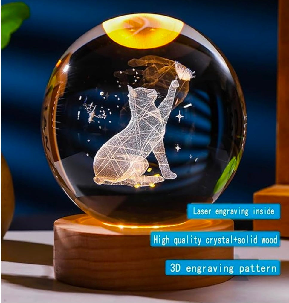 ✨ GlowAura™ Modern Cat Crystal Ball Lamp – 3D Laser Engraved Cat Globe with LED Wooden Base, Ambient Night Light & Elegant Gift for Cat Lovers