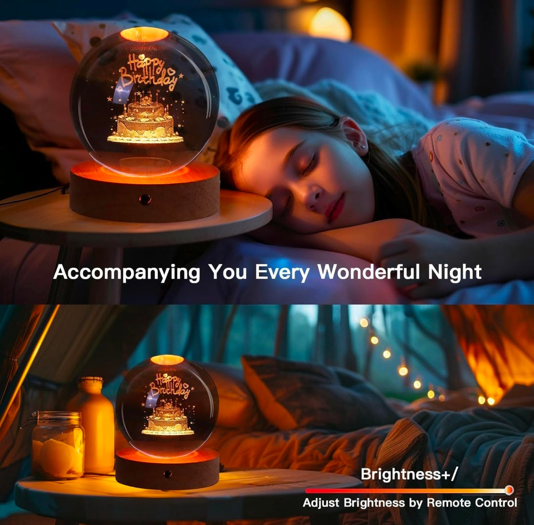 HAPPY BIRTHDAY – Celebration Crystal Globe Night Lamp | 3D Laser‑Etched Cake & Stars, Warm Wood LED Base, Cheerful Gift for Parties, Milestones, and Everyday Joy 🎂✨🎉🌙🎁👑❤️