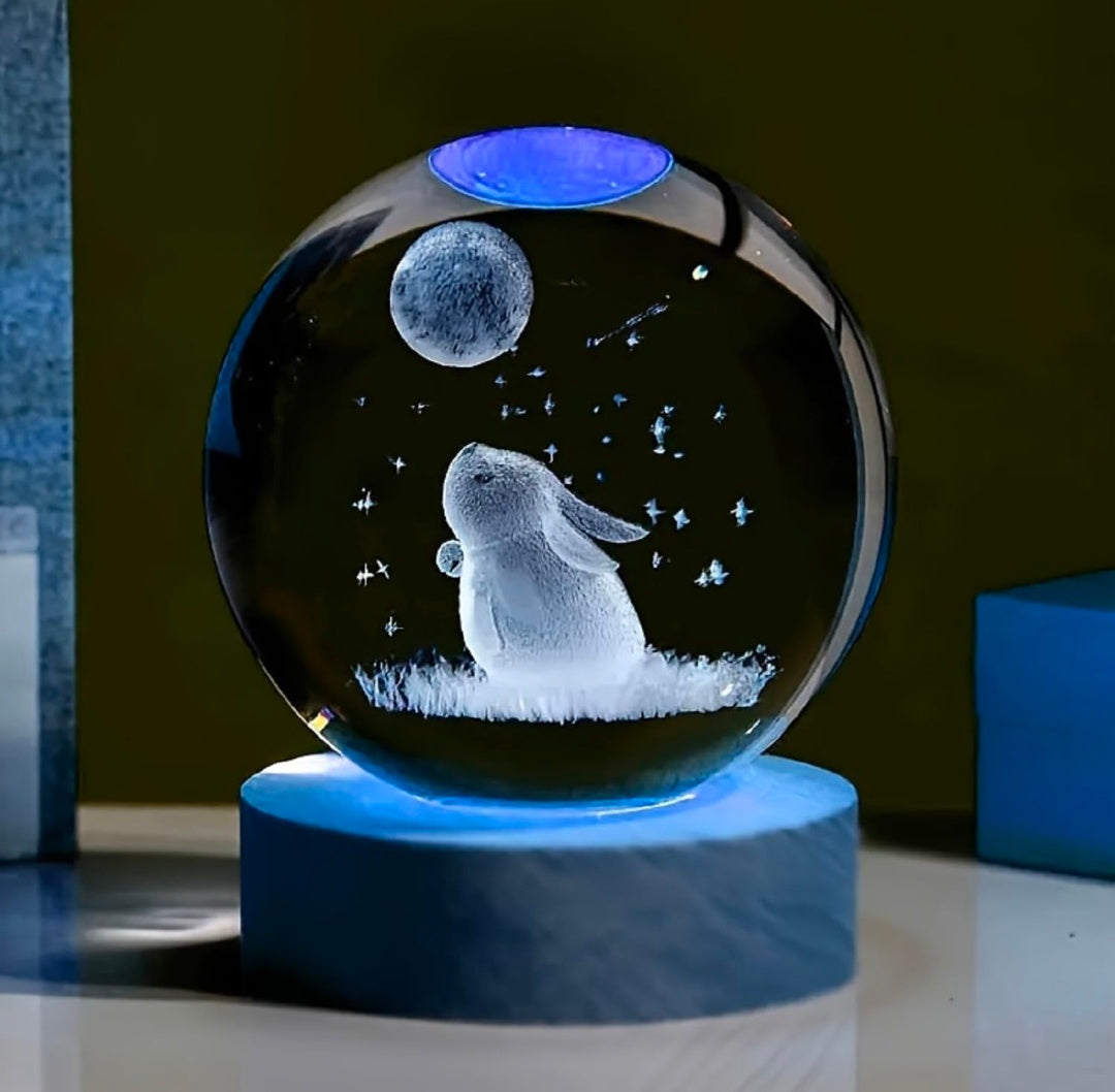 🌙🐇 GlowAura™ Bunny with Moon Crystal Lamp – 3D Laser Engraved Night Sky Design with LED Wooden Base