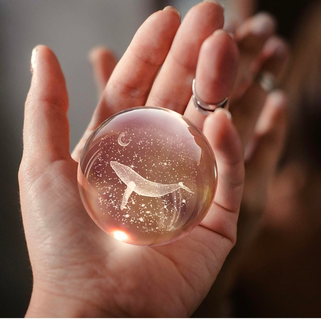 Whale Lamp – Golden Dream Crystal Globe with Warm Wood LED Base | Ocean of Calm, Honest Craft, Gentle Night Light 🌊🐋✨🌙🔆