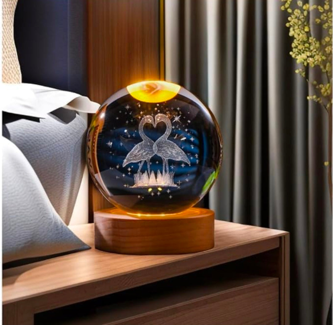 Night Lamp Flamingo – Twin Swans Crystal Globe on Warm Wood LED Base | 3D Laser‑Etched Elegance, Cozy Ambient Light for Bedroom, Desk, and Gifting ✨🦢🦢